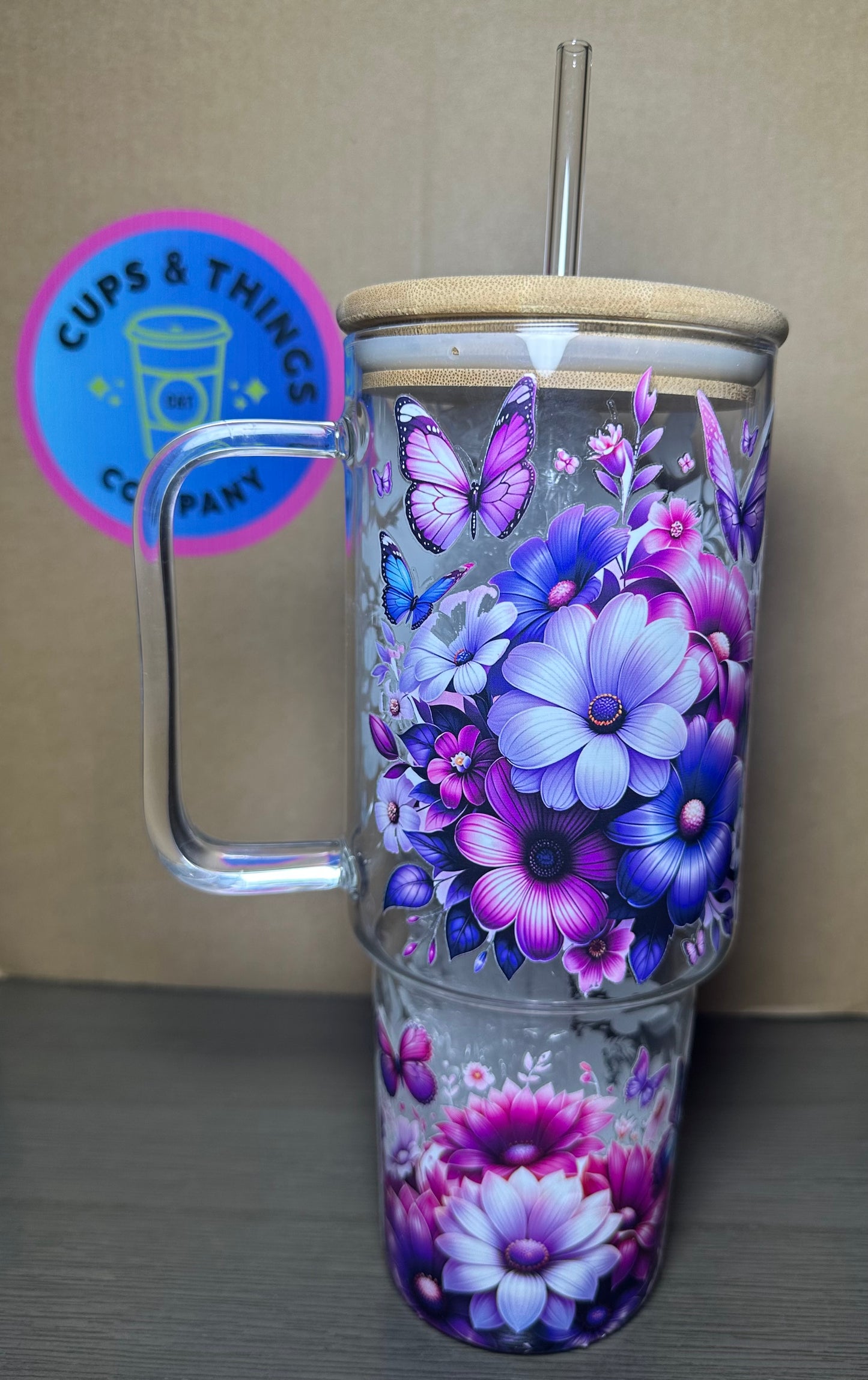 Flower and Butterflies 40 oz Glass Tumbler