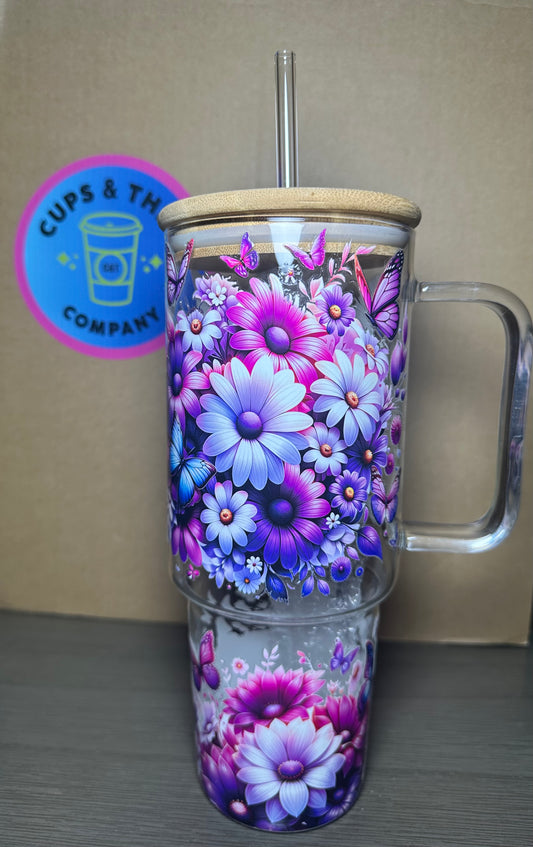 Flower and Butterflies 40 oz Glass Tumbler