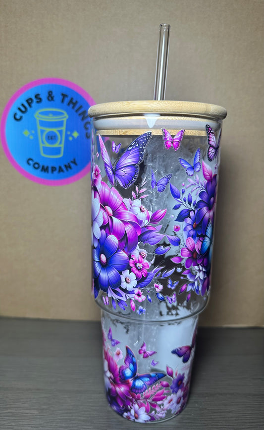Flower and Butterflies 40 oz Glass Tumbler